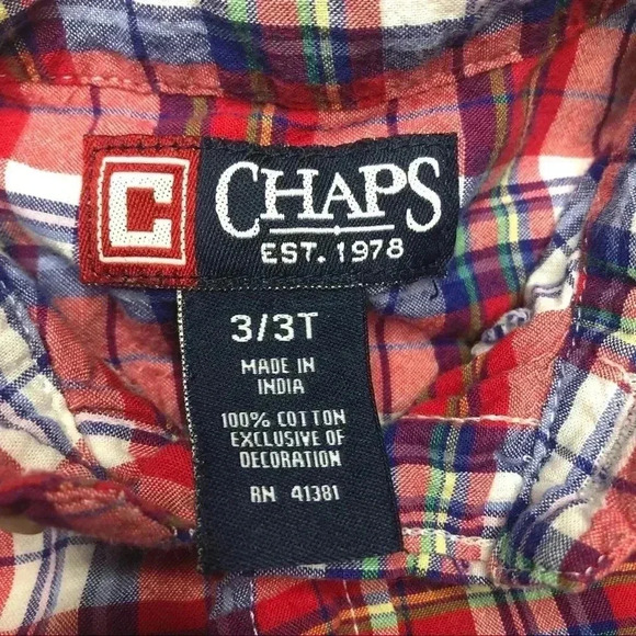 Chaps Collared Short Sleeved Plaid Shirt Red, White, & Blue Plaid  Size 4T - Picture 9 of 16